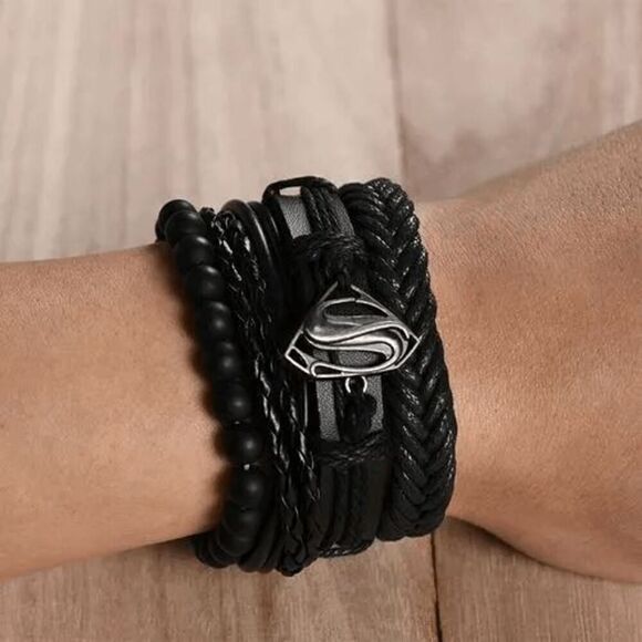 Retro Woven Leather Superman Logo Design Bracelets - 4 Piece - Picture 1 of 3